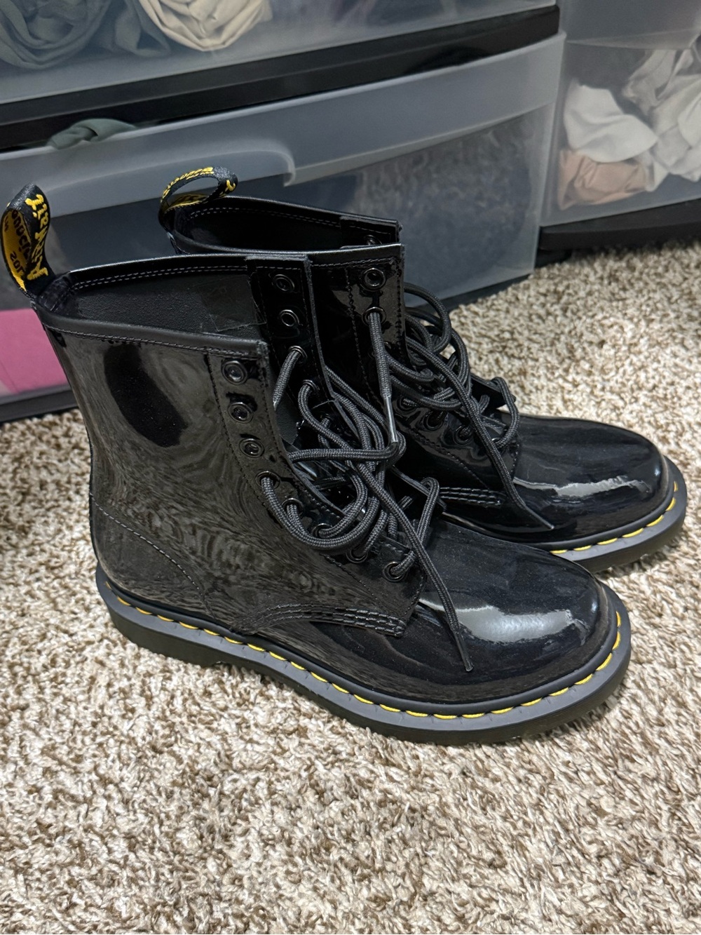 Dr. Martens Black Patent Lace-Up Boots with Yellow Stitching